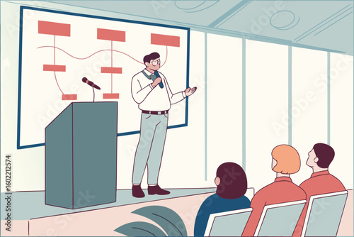 Presentation on project management techniques during a business seminar at a conference center with an engaged audience