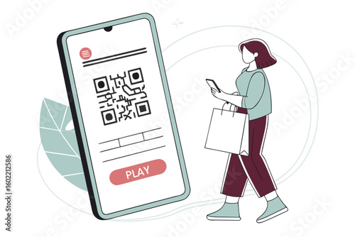 Mobile phone user scans a QR code while holding a shopping bag in a light and modern setting during daytime