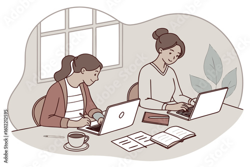 Two women working collaboratively on laptops at a table with books, a notebook, and a coffee cup, enjoying a productive study session at home