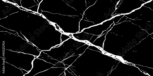 "A striking, high-contrast black and white abstract pattern resembling fractured glass or lightning bolts across a dark sky, emphasizing sharp lines and dynamic tension."