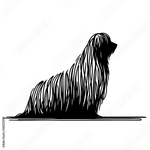 Vector illustration of komondor dog in black strokes and lines. Family pet, love and care for animals, adoption fair. Types of breeds, decoration for grooming salon or vet clinic