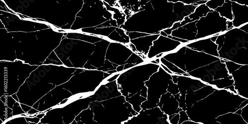 "A striking, high-contrast black and white abstract pattern resembling fractured glass or lightning bolts across a dark sky, emphasizing sharp lines and dynamic tension."