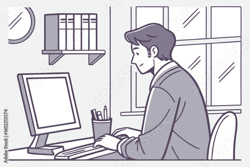 Person working at a desk in a cozy study room with a computer and shelves filled with books during daylight hours