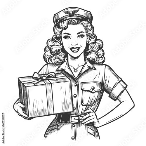 smiling woman in uniform holding a wrapped present, symbolizing delivery, service, or celebration sketch engraving generative ai fictional character vector illustration. Scratch board. Black and white
