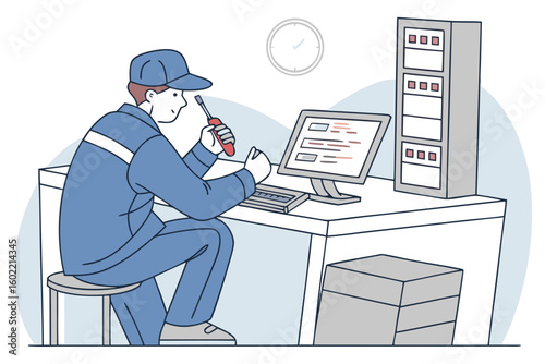 Worker in uniform using radio communication while sitting at a desk with a computer and equipment in a modern workspace