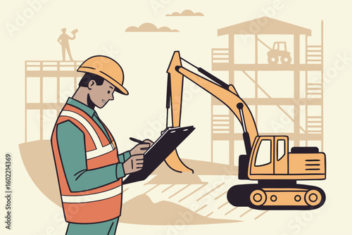 Construction worker evaluates project progress with excavator and building site in background during daylight hours