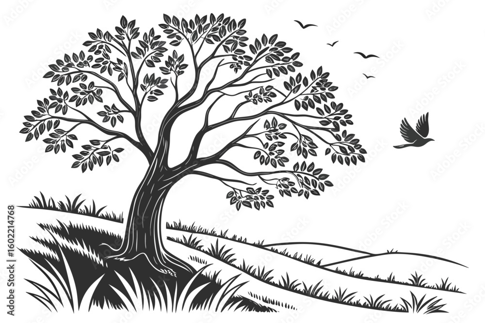 Obraz premium Beautiful black and white illustration of a tree with leaves, birds flying in the sky above, and rolling hills in the background during a peaceful nature scene