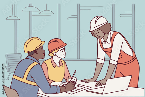 Construction team collaborating on project plans in modern office setting during daytime work hours