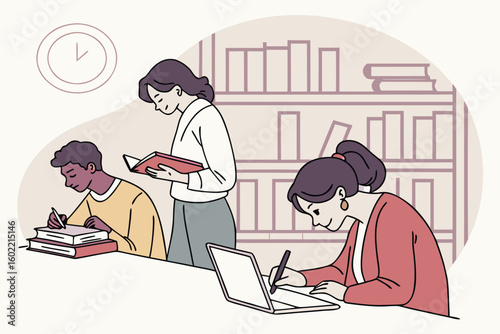 Students engaged in studying, reading, and note-taking in a library environment during the afternoon hours