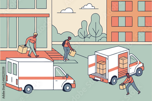 Delivery workers transporting packages in a urban setting during daytime with modern vehicles