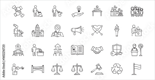 A comprehensive collection of outline icons depicts diverse concepts, ranging from technology and education to social issues and environmental concerns, presented in a clean, minimalist style.