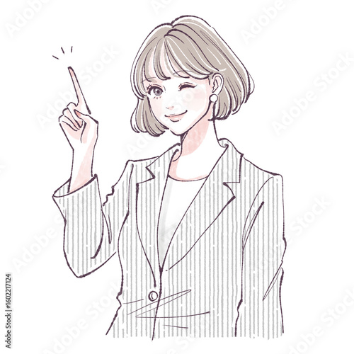 手描き・水彩画風の指を指して説明しているスーツの女性イラスト素材