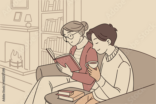Two individuals enjoying books and drinks in a cozy living room with a fireplace and bookcase