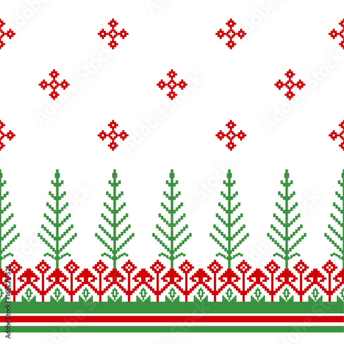 Christmas pixel tree and snowflakes vector seamless pattern on white background Designed for folk art , Nordic , Scandinavian retro Xmas patterns red , green snowflakes.