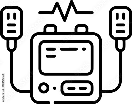Vector icon of a defibrillator with heart rhythm line and paddles for emergency medical care