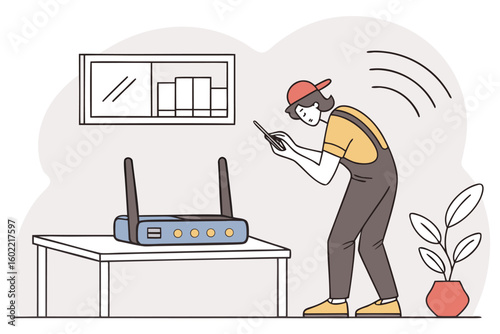 Person using smartphone to connect with wireless router in modern living space with indoor plants