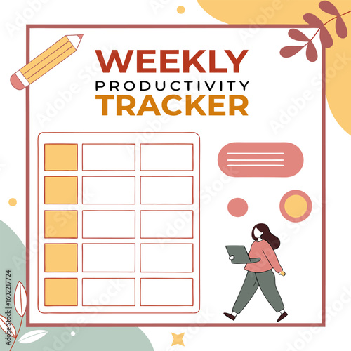 Weekly productivity tracker with a stylized illustration of a person working on a laptop and a pencil designed for planning and goal setting