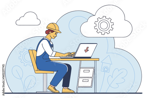 Engineer working on a laptop in an office environment with cloud icons and gears representing technology and innovation