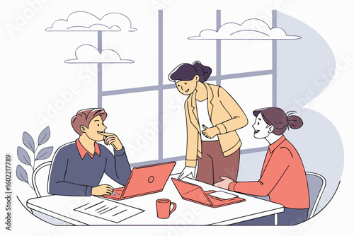 Collaborative team meeting in a modern office with laptops, showcasing a discussion among three professionals