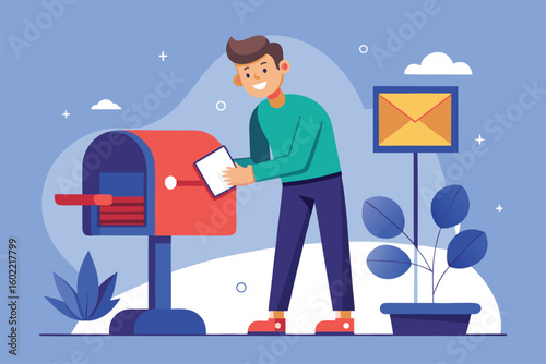 Young man checking mailbox for letters in a cheerful outdoor setting during daytime with plants and clouds in the background