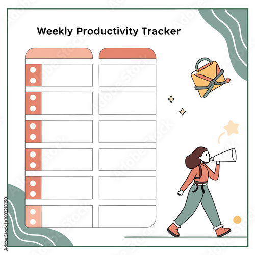 Creative weekly productivity tracker with a woman announcing goals using a megaphone a gift box and stars symbolizing achievement and motivation for planning and organization
