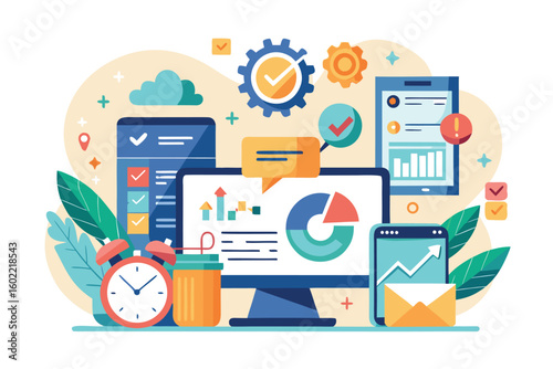 Visual representation of digital analytics process with charts and tools in a modern office setting showcasing data analysis and productivity improvements