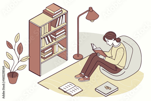 Cozy reading corner with a woman enjoying a book next to a bookshelf and plant during a quiet afternoon at home