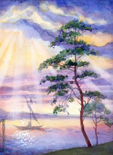 Watercolor landscape. Pine tree by the lake