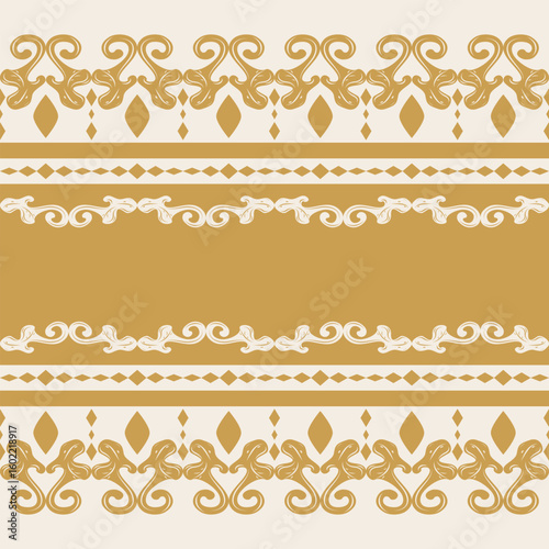 Horizontal repeat of soft baroque flourishes with ribbon-like curls in muted gold. Versatile tile stripe for scrapbook kits, paper goods, luxury box designs, rich packaging, royal detailed decoration