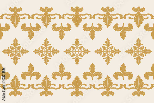 Repeating fleur-de-lis border pattern with traditional ornamentation. rhythmic flow and rich baroque art nouveau gold palette make it perfect for fabric prints, branding, boutique stationery, carpet