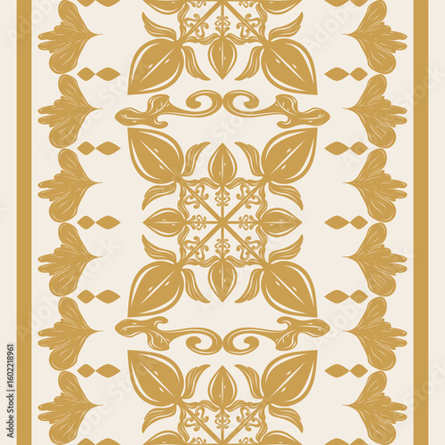 Vertical border layout combining royal classical floral symmetry and golden motifs on light beige background pattern. Great for printable, table runners. vertical product refined historic texture