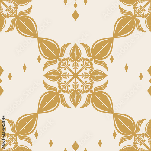 Symmetrical geometric floral medallion in warm amber tones seamless repeat pattern. Ideal for vintage tiles inspired products, wallpaper mockups, historical design sets with a sophisticated touch.