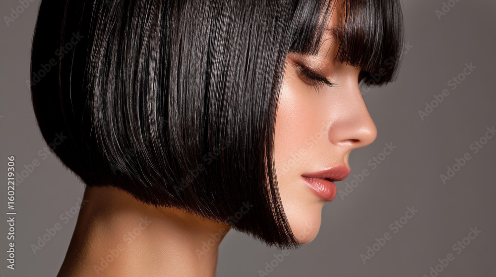 Obraz premium Sleek Black Bob Cut Model with Luminous Skin and Soft Makeup