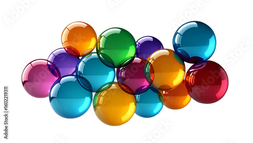 Cluster of multicolored 3D transparent glass balls isolated on white background PNG