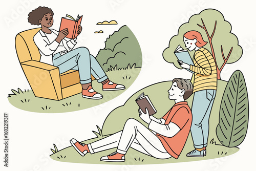 Reading enthusiasts enjoying books outdoors in a park setting during a sunny day