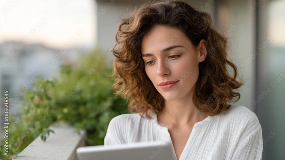Woman in Thought: An Attractive Woman Engrossed in a Digital Tablet in a Balcony. She appears in deep thought as she browses a tablet, in a bright and airy outdoor setting. 