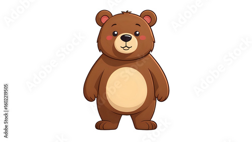 Standing cartoon bear with soft brown fur and shy expression, simple style PNG
