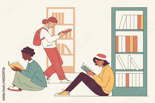 Students engaged in reading books in a cozy library space during the afternoon, showcasing diverse interests and study habits among peers