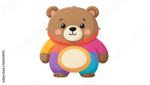 Colorful cartoon bear with rainbow outfit and big round head, standing pose PNG