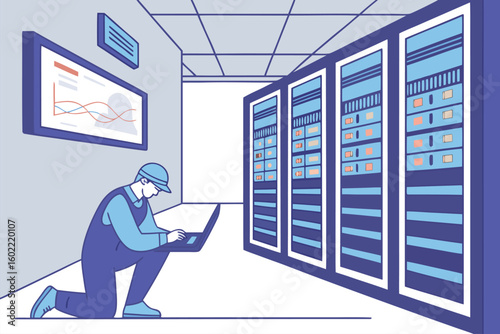 Technician working on server maintenance in a modern data center during daytime operations