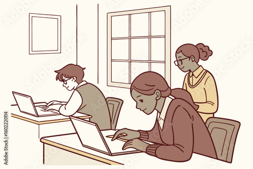 Students engaged in online learning in a classroom with computers, focused on their tasks during a weekday morning session