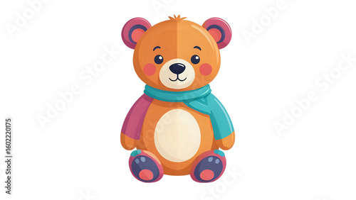 Sitting cartoon teddy bear with teal winter scarf and colorful paws, cute character PNG