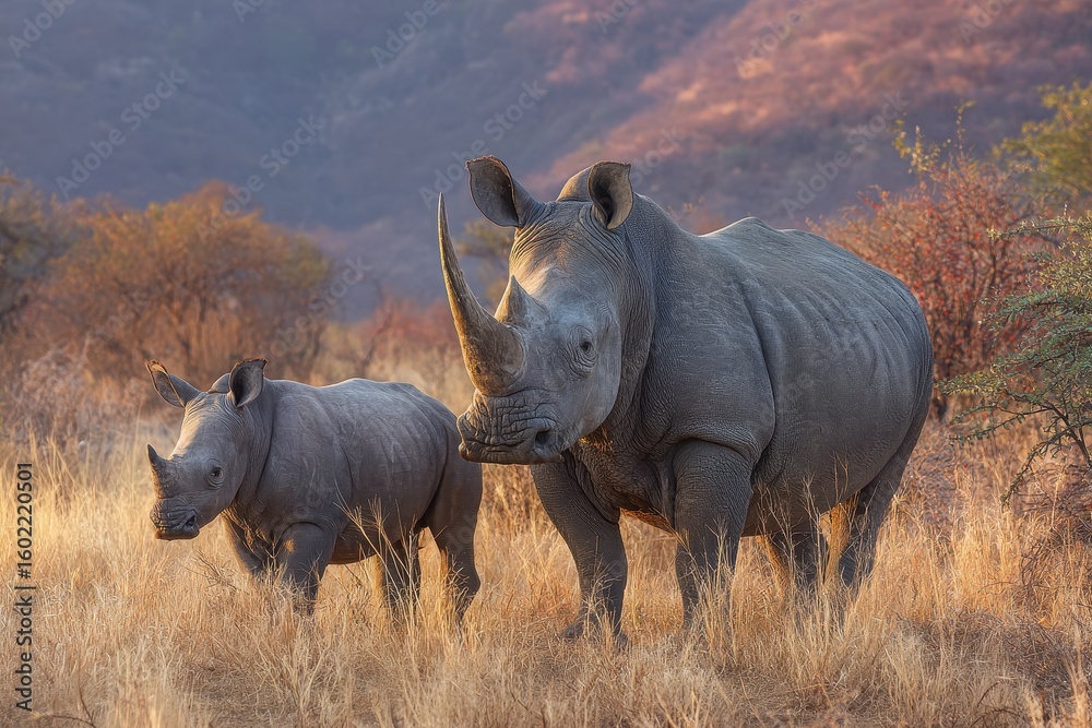 Obraz premium A mother white rhino and her young one take a morning walk in Pilanesberg National Park South Africa