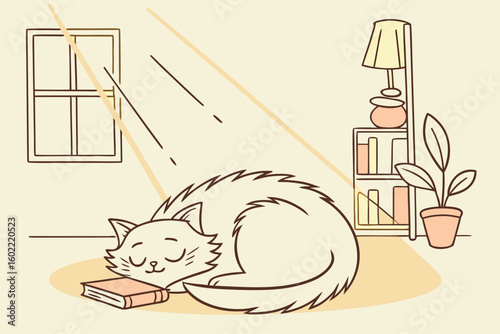 Cozy cat sleeping on a book in a sunlit living room with a plant and lamp nearby