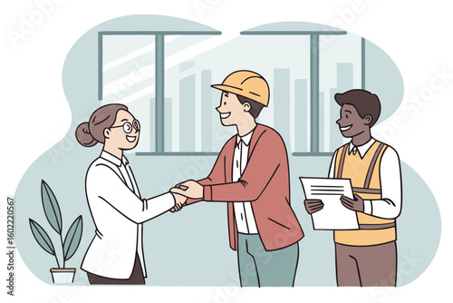 Contract signing event featuring a construction professional, an office worker, and a coordinator in a modern workplace environment during daytime
