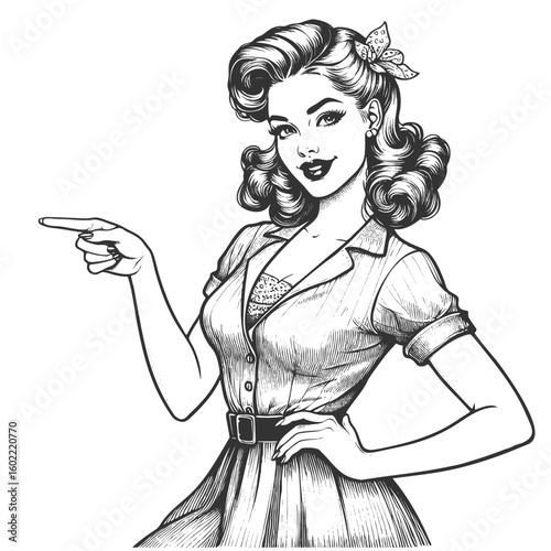 confident woman with voluminous hair pointing sideways, ideal for directing attention in designs sketch engraving generative ai fictional character vector illustration. Scratch board. Black and white.
