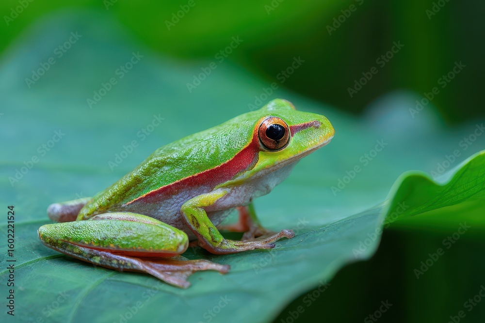 Naklejka premium Green paddy frog red eared frog leaf frog and common green frog on a green lotus leaf