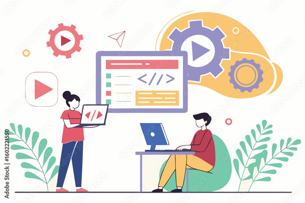 Fototapeta premium Creative professionals engage in collaborative coding and design work, using digital tools and technology for innovative solutions in a modern workspace