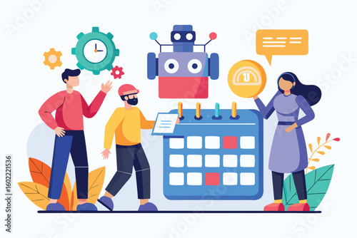 Team collaboration with a robot for project planning and scheduling using a calendar in a bright, colorful workspace