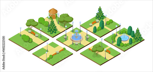 Park. Isolated isometric summer park paths, green grass and trees, fountains, flowers, benches, gazebo, icons collection. Vector illustration of park nature and walking paths.
